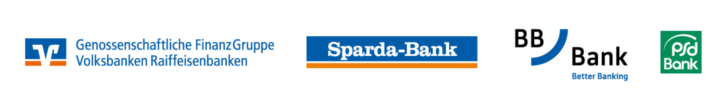 Logos der Partnerbanken: Volksbanken Raiffeisenbanken, PSD-Bank, Sparda-Bank und BB-Bank.